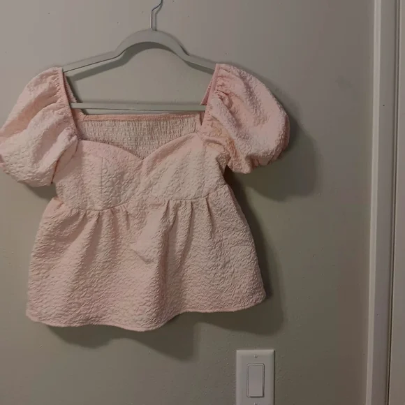 Shein Smocked Puff Sleeve Peplum Top - Light Pink - Picture 11 of 12